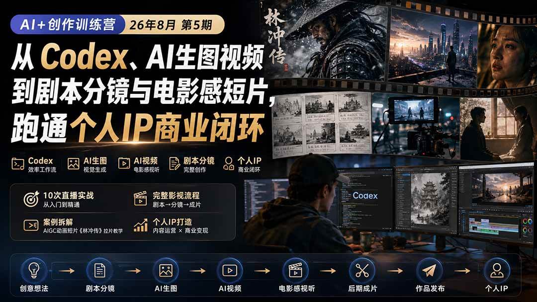 （20145期）AI+创作训练营26年8月第5期：从Codex、AI生图视频到剧本分镜与电影感短片，跑通个人IP商业闭环-优优云网创