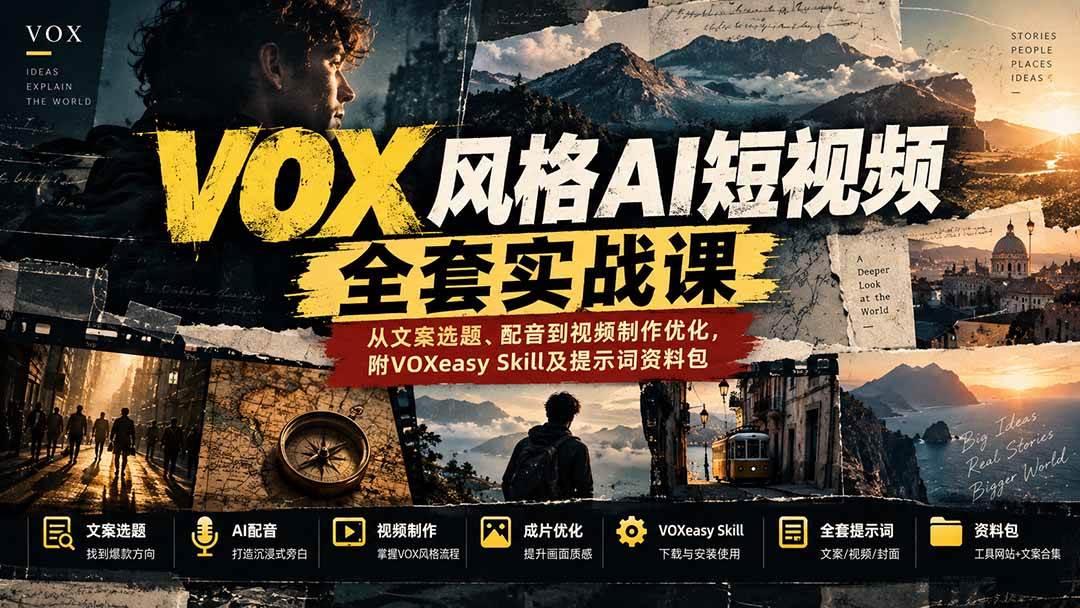 （20677期）【无水印】VOX风格AI短视频全套实战课：从文案选题、配音到视频制作优化，附VOXeasy Skill及提示词资料包-优优云网创