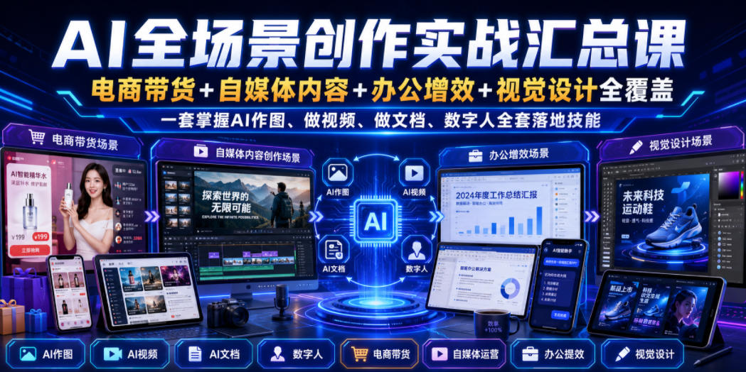 AI全场景创作实战汇总课｜电商带货+自媒体内容+办公增效+视觉设计全覆盖，一套掌握AI作图、做视频、做文档、数字人全套落地技能-优优云网创