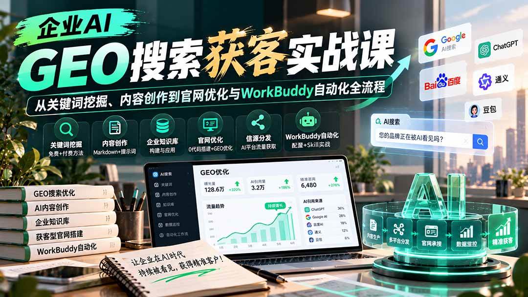 （20643期）企业AI GEO搜索获客实战课：从关键词挖掘、内容创作到官网优化与WorkBuddy自动化全流程-优优云网创
