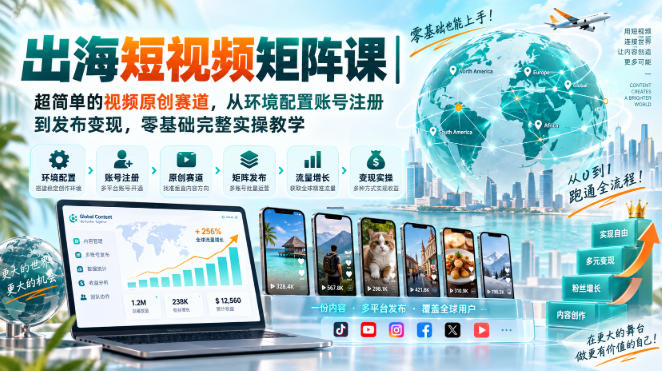 出海短视频矩阵课｜超简单的视频原创赛道，从环境配置账号注册到发布变现，零基础完整实操教学-优优云网创