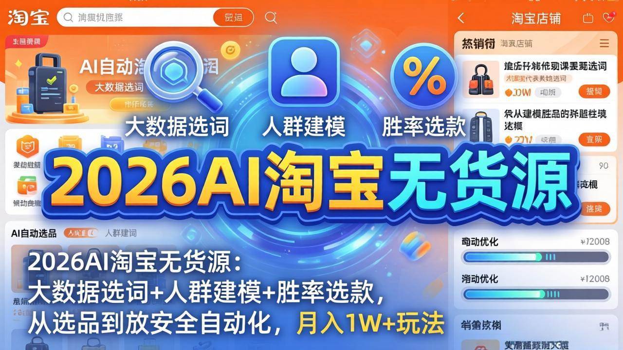 （18046期）2026AI淘宝无货源-4月更新：大数据选词+人群建模+胜率选款，从选品到放大全自动化，月入1W+玩法-优优云网创