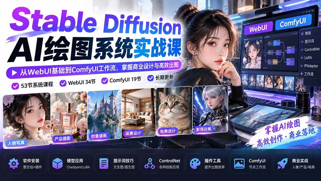 （20678期）Stable Diffusion AI绘图系统实战课：从WebUI基础到ComfyUI工作流，掌握商业设计与高效出图-优优云网创