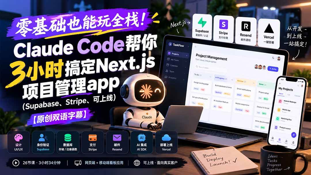 （20907期）零基础也能玩全栈！Claude Code帮你3小时搞定Next.js项目管理app（Supabase、Stripe、可上线）【原创双语字幕】-优优云网创