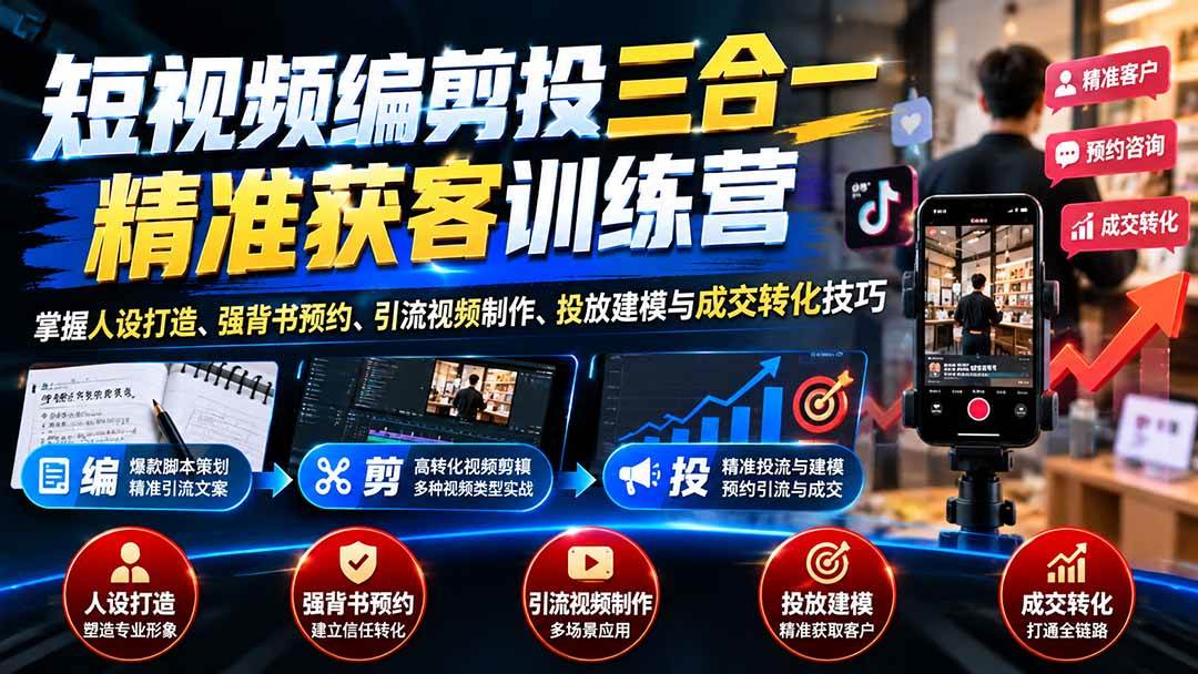 （20910期）短视频编剪投三合一精准获客训练营：掌握人设打造、强背书预约、引流视频制作、投放建模与成交转化技巧-优优云网创