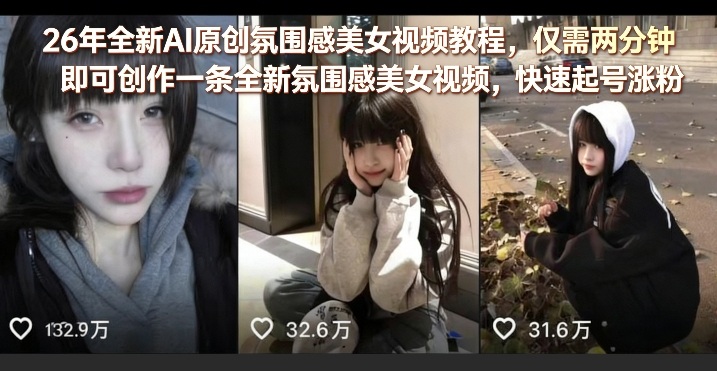 26年全新AI原创氛围感美女视频教程，仅需两分钟即可创作一条全新氛围感美女视频，快速起号涨粉-优优云网创