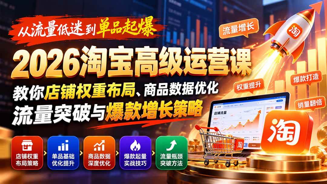 （20952期）从流量低迷到单品起爆：2026淘宝高级运营课教你店铺权重布局、商品数据优化、流量突破与爆款增长策略-优优云网创
