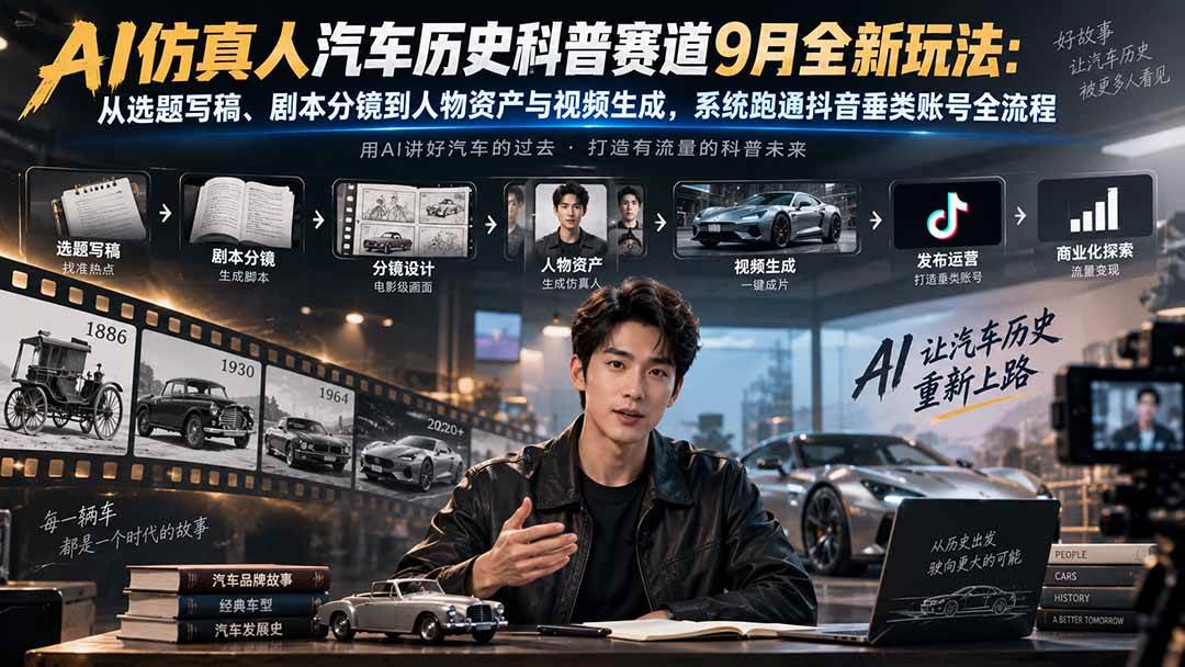 (20413期)AI仿真人汽车历史科普赛道9月全新玩法:从选题写稿、剧本分镜到人物资产与视频生成,系统跑通抖音垂类账号全流程-优优云网创
