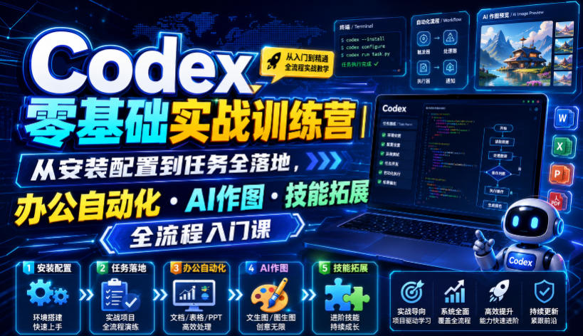 Codex零基础实战训练营｜从安装配置到任务全落地，办公自动化・AI作图・技能拓展全流程入门课-优优云网创