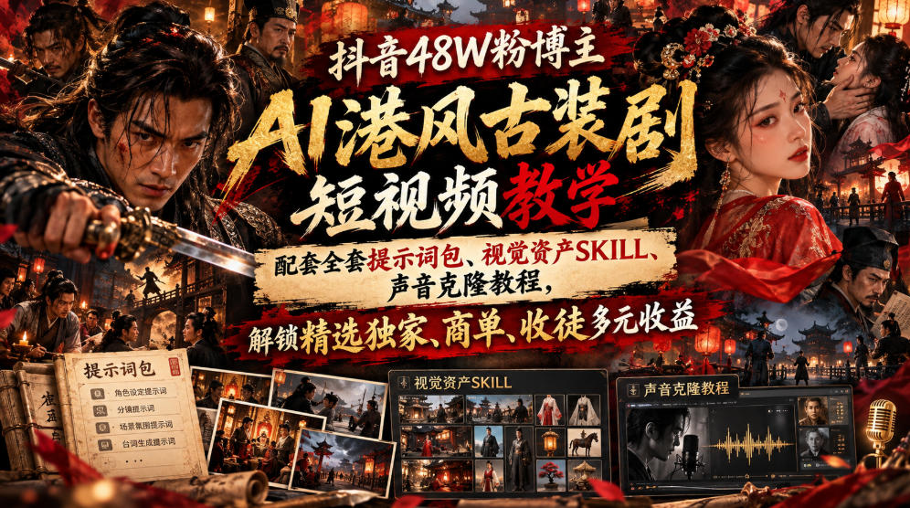 抖音48W粉博主AI港风古装剧短视频教学，配套全套提示词包、视觉资产SKILL、声音克隆教程，解锁精选独家、商单、收徒多元收益-优优云网创