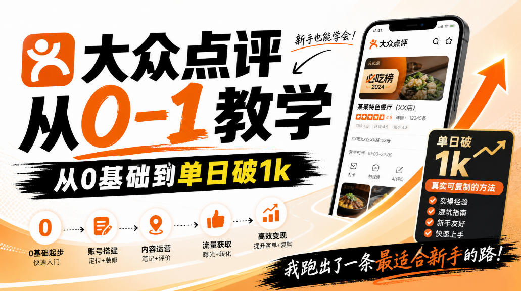 大众点评分成从0-1教学，从0基础到单日破1k，我跑出了一条最适合新手的路-优优云网创