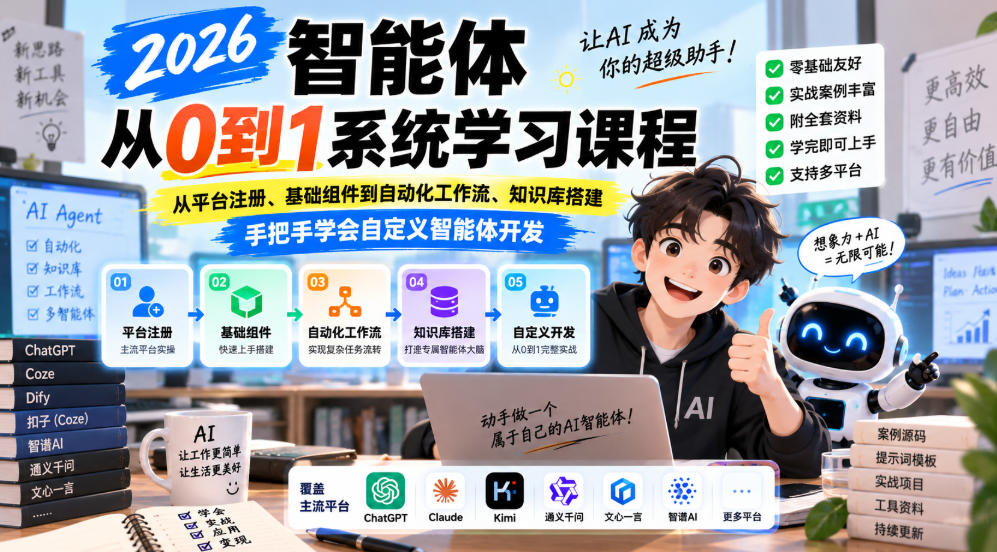 2026智能体从0到1系统学习课程，从平台注册、基础组件到自动化工作流、知识库搭建，手把手学会自定义智能体开发-优优云网创