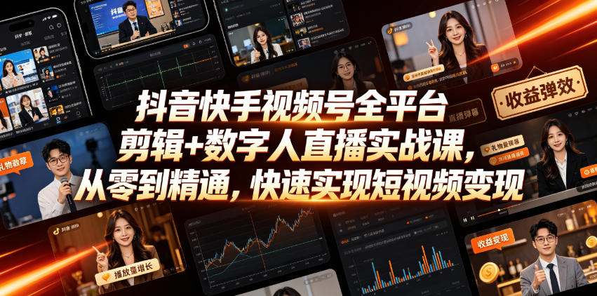 抖音快手视频号全平台剪辑+数字人直播实战课，从零到精通，快速实现短视频变现(更新2026年10月)-优优云网创