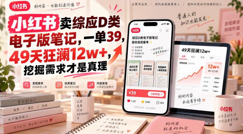 小红书卖综应D类电子版笔记，一单39，49天狂澜12w+，挖掘需求才是真理-优优云网创