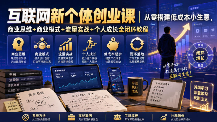 互联网新个体创业课｜从零搭建低成本小生意，商业思维+商业模式+流量实战+个人成长全闭环教程-优优云网创
