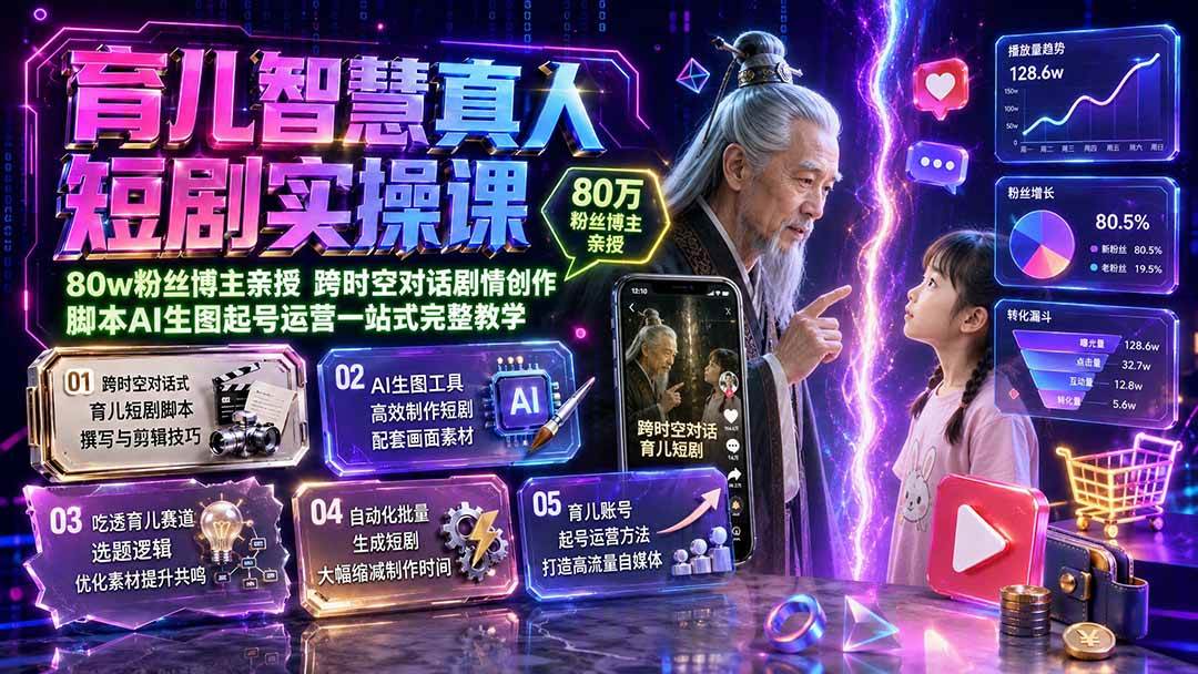 （19663期）育儿智慧真人短剧实操课｜80w粉丝博主亲授，跨时空对话剧情创作，脚本AI生图起号运营一站式完整教学-优优云网创