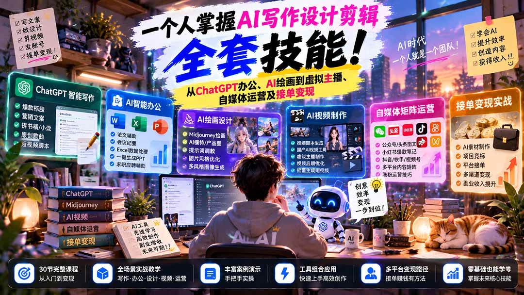 （21029期）一个人掌握AI写作设计剪辑全套技能：从ChatGPT办公、AI绘画到虚拟主播、自媒体运营及接单变现-优优云网创