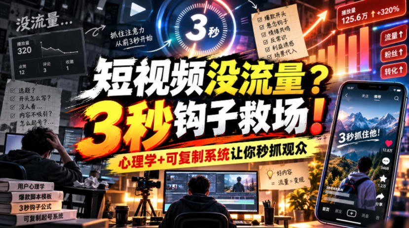 【无水印】短视频没流量？3秒钩子救场！心理学+可复制系统让你秒抓观众【原创双语字幕】-优优云网创