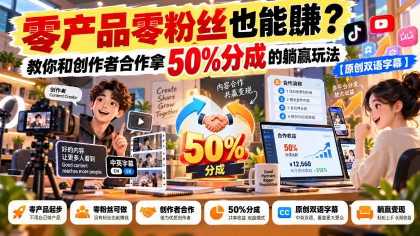 【无水印】零产品零粉丝也能賺？教你和创作者合作拿50%分成的躺赢玩法【原创双语字幕】-优优云网创