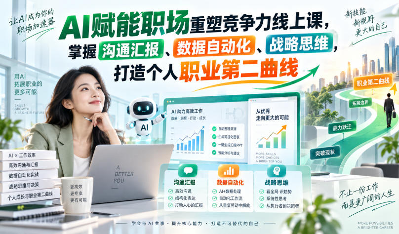 AI赋能职场重塑竞争力线上课，掌握沟通汇报、数据自动化、战略思维，打造个人职业第二曲线-优优云网创