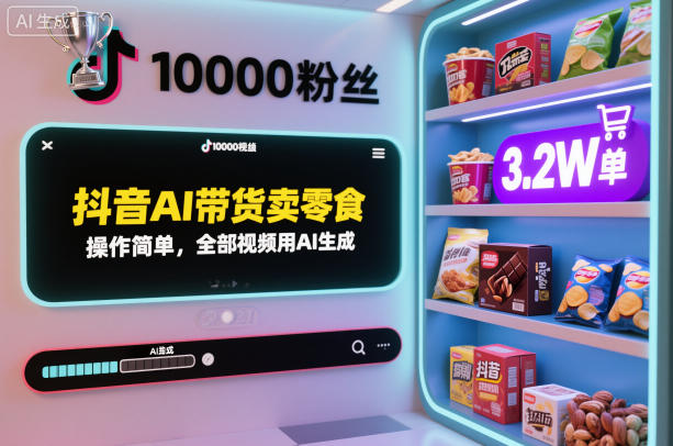 抖音AI带货卖零食，操作简单，全部视频用AI生成，一万粉丝，卖了3.2W单-优优云网创