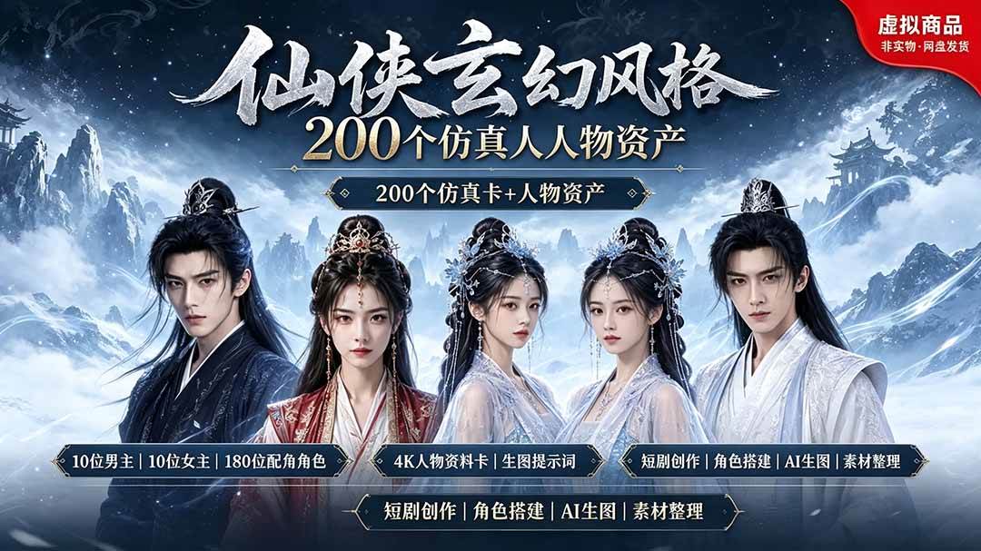 (19301期)200个仙侠玄幻仿真人素材◆10男主×10女主×180配角,4K资料卡+AI生图提示词,漫剧必备-优优云网创