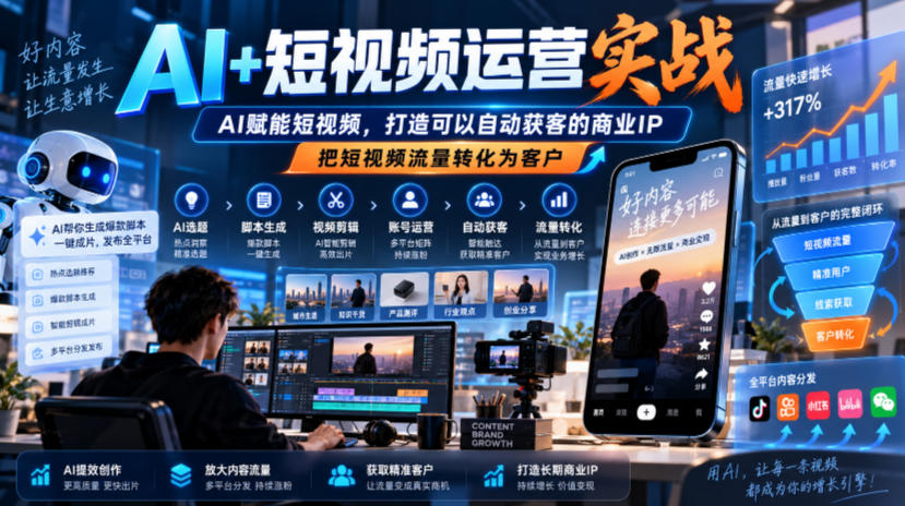 AI+短视频运营实战，AI赋能短视频，打造可以自动获客的商业IP，把短视频流量转化为客户-优优云网创