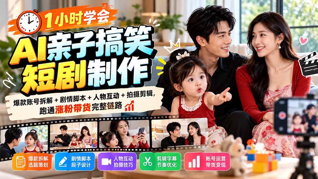 （20807期）1小时学会AI亲子搞笑短剧制作：爆款账号拆解+剧情脚本+人物互动+拍摄剪辑，跑通涨粉带货完整链路-优优云网创