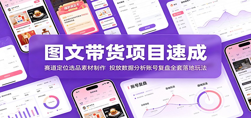 图文带货项目速成:赛道定位选品素材制作,投放数据分析账号复盘全套落地玩法-优优云网创
