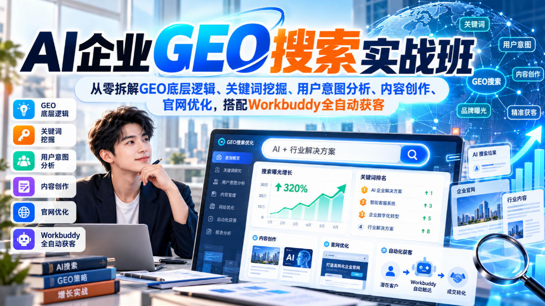 AI企业GEO搜索实战班，从零拆解GEO底层逻辑、关键词挖掘、用户意图分析、内容创作、官网优化，搭配Workbuddy全自动获客-优优云网创