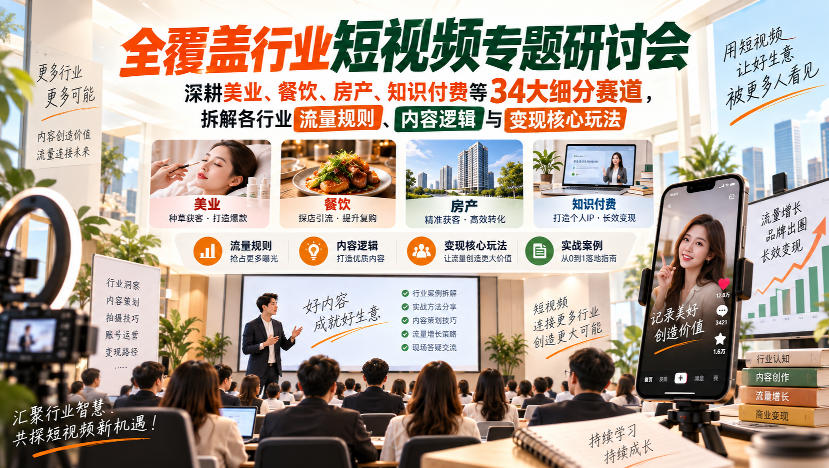 短视频专题研讨会，深耕美业、餐饮、房产、知识付费等34大细分赛道，拆解各行业流量规则、内容逻辑与变现核心玩法-优优云网创