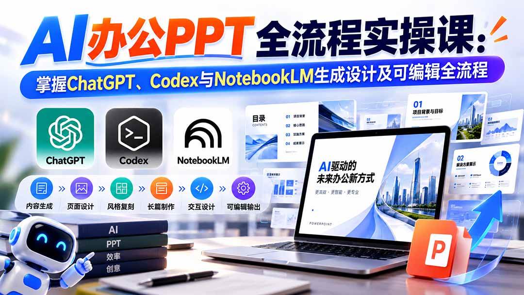 （20660期）【无水印】AI办公PPT全流程实操课： 掌握ChatGPT、Codex与NotebookLM生成设计及可编辑全流程-优优云网创