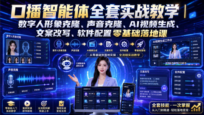 口播智能体全套实战教学｜数字人形象克隆、声音克隆、AI视频生成、文案改写、软件配置零基础落地课-优优云网创