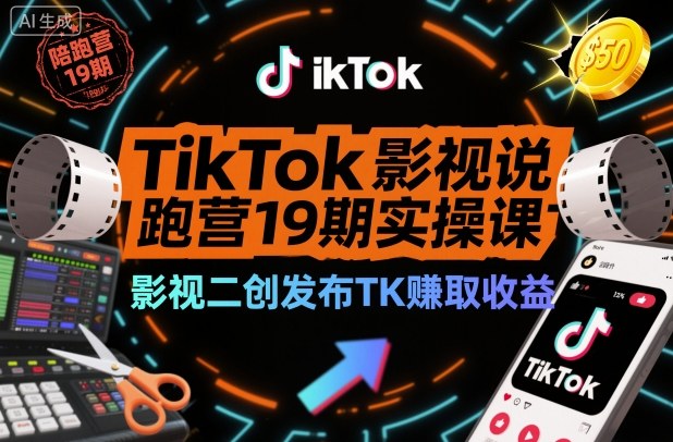 TikTok影视解说陪跑营19期实操课，影视二创发布TK賺取收益，万播收益50美金-优优云网创