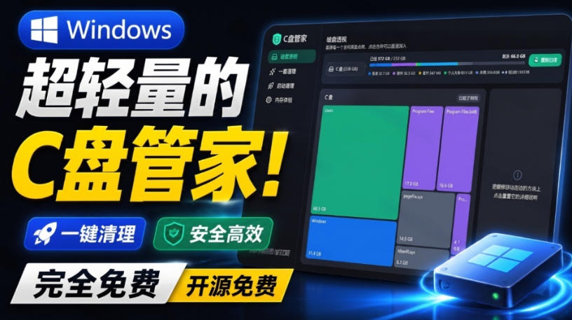 Windows超轻量的C盘管家！超级有特点，支持磁盘分析及清理提醒，2M大小体积，完全免费C盘管家-优优云网创