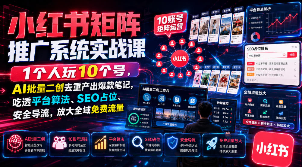 小红书矩阵推广系统实战课｜1个人玩10个号，AI批量二创去重产出爆款笔记，吃透平台算法、SEO占位、安全导流，放大全域免费流量-优优云网创
