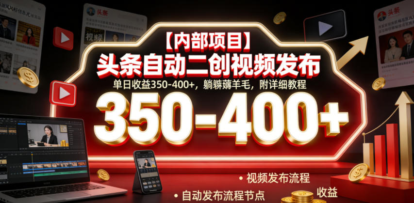 【内部项目】头条自动二创视频发布，单日收益350-400+，躺賺薅羊毛，附详细教程【揭秘】-优优云网创