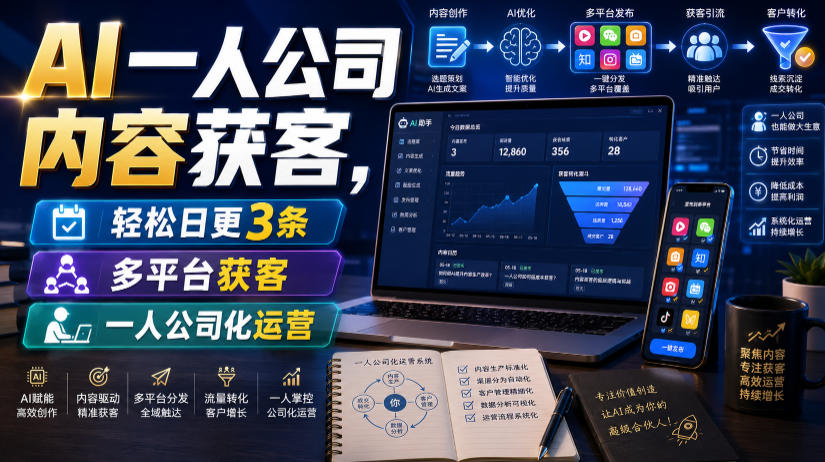 AI一人公司内容获客,轻松日更3条,多平台获客,一人公司化运营(更新)-优优云网创