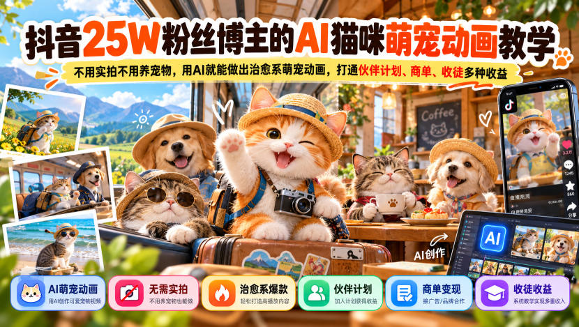 抖音25W粉丝博主的AI猫咪萌宠动画教学,不用实拍不用养宠物,用AI就能做出治愈系萌宠动画,打通伙伴计划、商单、收徒多种收益 抖音25W粉丝博主的AI猫咪萌宠动画教学,不用实拍不用养宠物,用AI就能做出治愈系萌宠动画,打通伙伴计划、商单、收徒多种收益