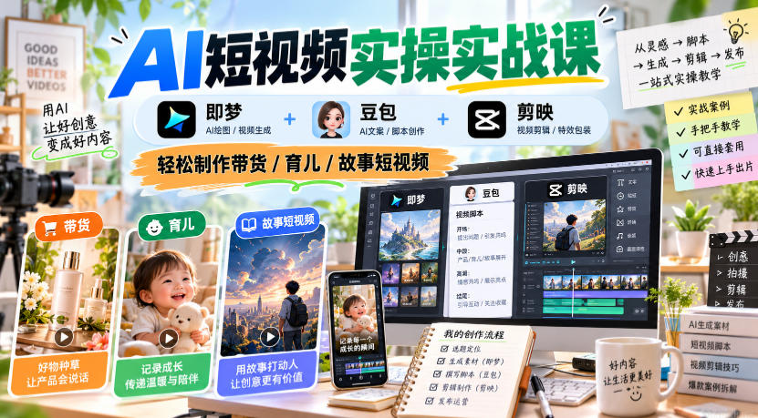 AI短视频实操实战课，即梦+豆包+剪映，轻松制作带货/育儿/故事短视频-优优云网创