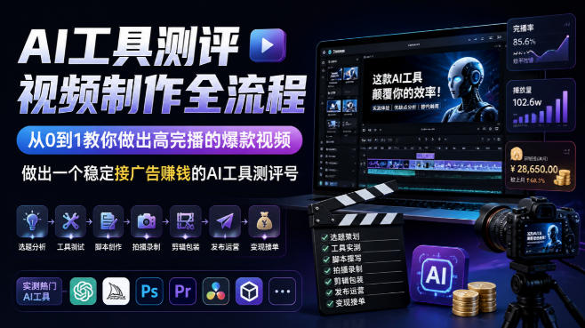 AI工具测评视频制作全流程，从0到1教你做出高完播的爆款视频，做出一个稳定接广告賺钱的AI工具测评号-优优云网创