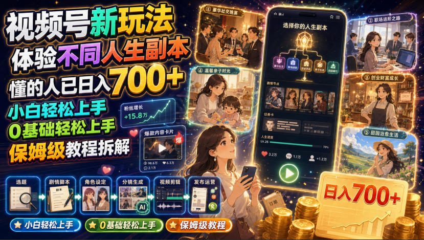 视频号新玩法体验不同人生副本,懂的人已日入700+,小白轻松上手,0基础轻松上手,保姆级教程拆解-优优云网创
