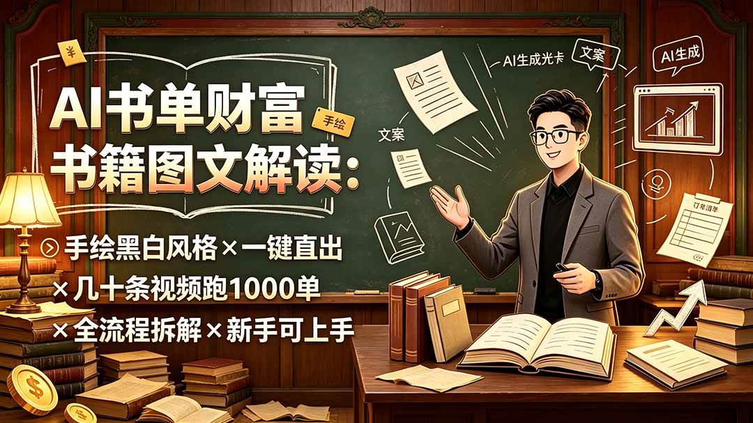 （19515期）AI书单财富书籍图文解读：手绘黑白风格×一键直出×几十条视频跑1000单×全流程拆解×新手可上手-优优云网创