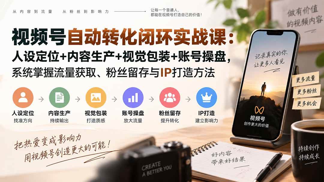 （20327期）视频号自动转化闭环实战课：人设定位+内容生产+视觉包装+账号操盘，系统掌握流量获取、粉丝留存与IP打造方法-优优云网创