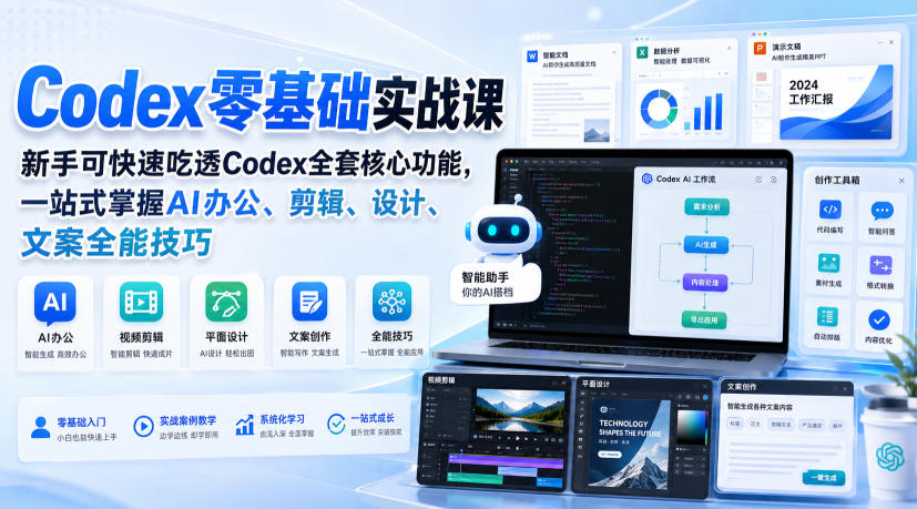 Codex零基础实战课，新手可快速吃透Codex全套核心功能，一站式掌握AI办公、剪辑、设计、文案全能技巧-优优云网创