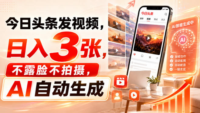 今日头条发视频，日入3张，不露脸不拍摄，AI自动生成-优优云网创