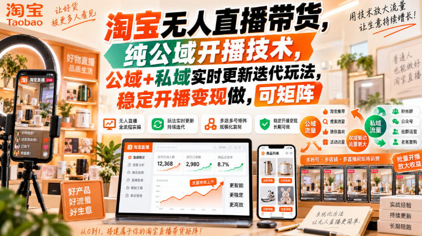 淘宝无人直播带货，纯公域开播技术，公域+私域实时更新迭代玩法，稳定开播变现做，可矩阵【揭秘】-优优云网创