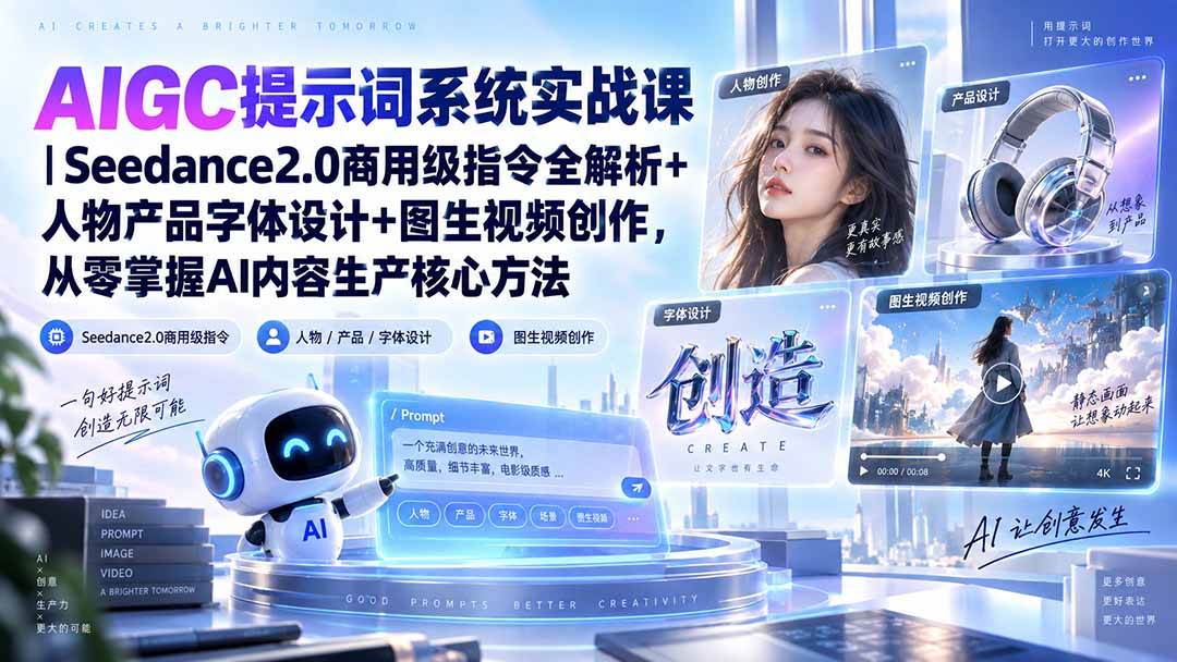 (20559期)AIGC提示词系统实战课-无水印|Seedance2.0商用级指令全解析+人物产品字体设计+图生视频创作,掌握AI内容生产方法-优优云网创