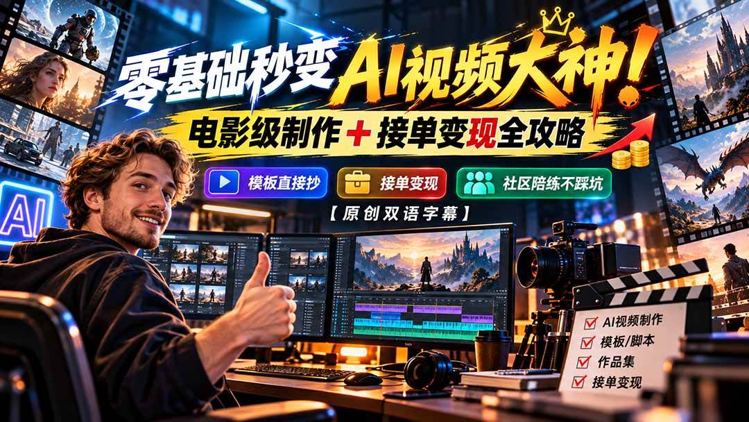 （20897期）零基础秒变AI视频大神！电影级制作 + 接单变现全攻略，模板直接抄，社区陪练不踩坑【原创双语字幕】-优优云网创