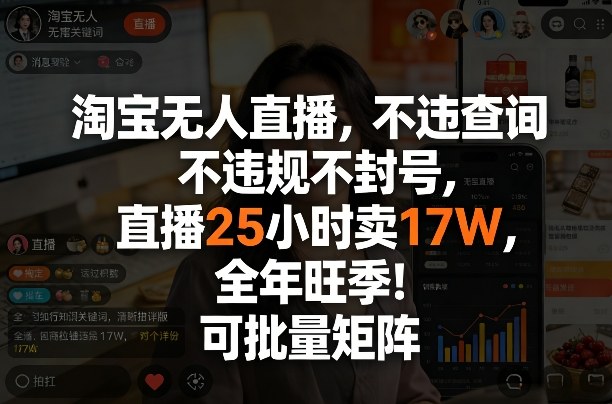 淘宝无人直播，不违规不封号，直播25小时卖17W，全年旺季！可批量矩阵【揭秘】-优优云网创